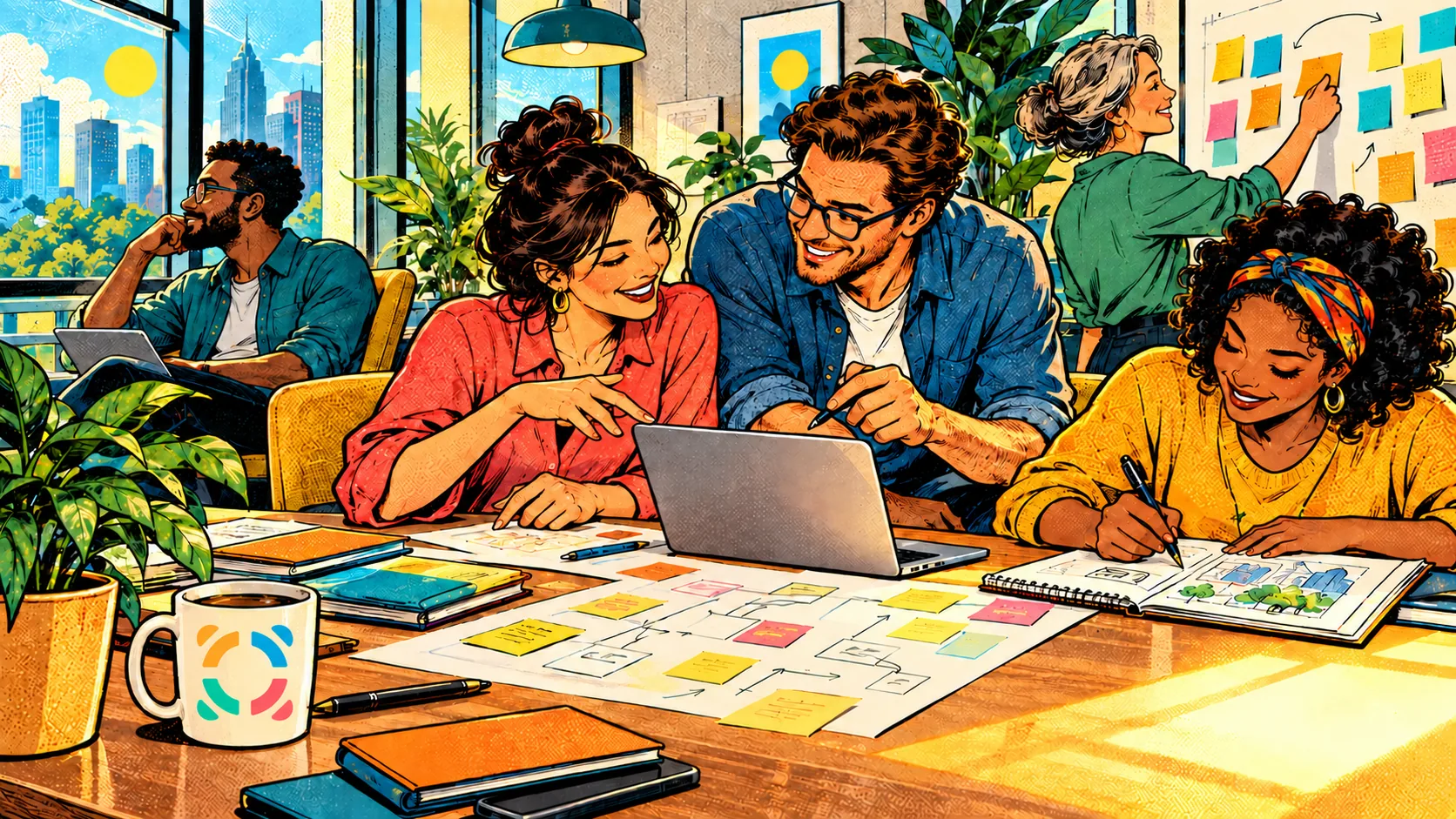 Five colleagues work in different ways around a shared table. The Sariio logo is hidden on a coffee mug.