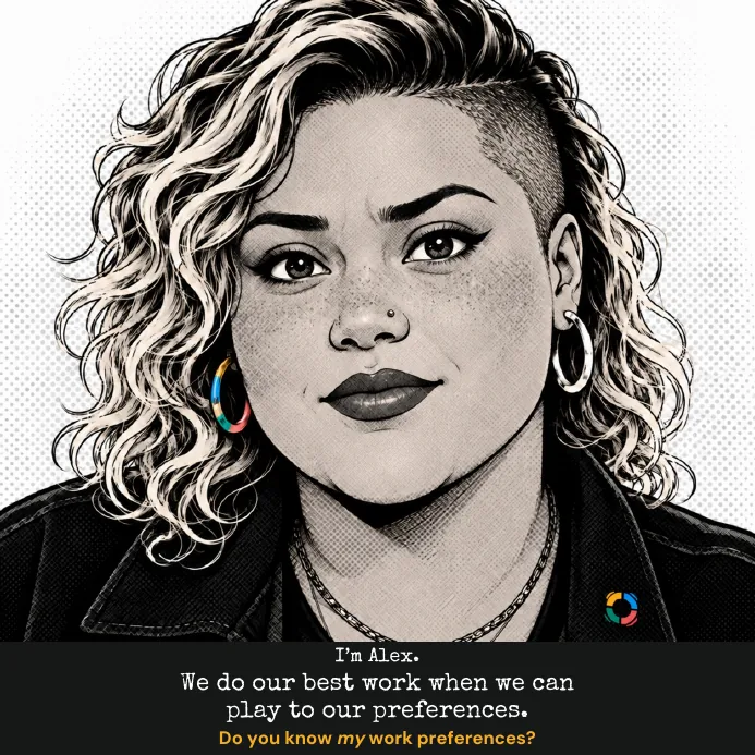 Front cover. Alex, drawn in black and white with blonde curls, red lipstick and a denim jacket. I'm Alex. We do our best work when we can play to our preferences. Do you know my work preferences?