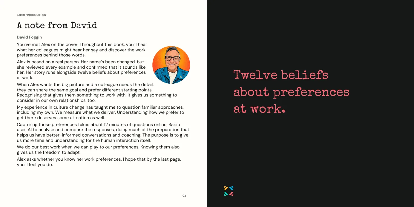 A note from David, facing the title page Twelve beliefs about preferences at work.