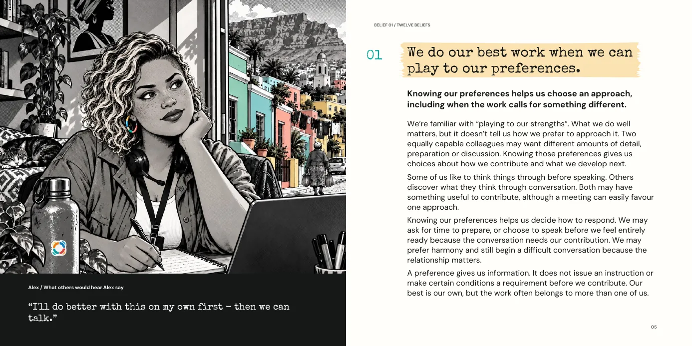 Belief 01. We do our best work when we can play to our preferences. Alex at her desk in Cape Town: I'll do better with this on my own first, then we can talk.