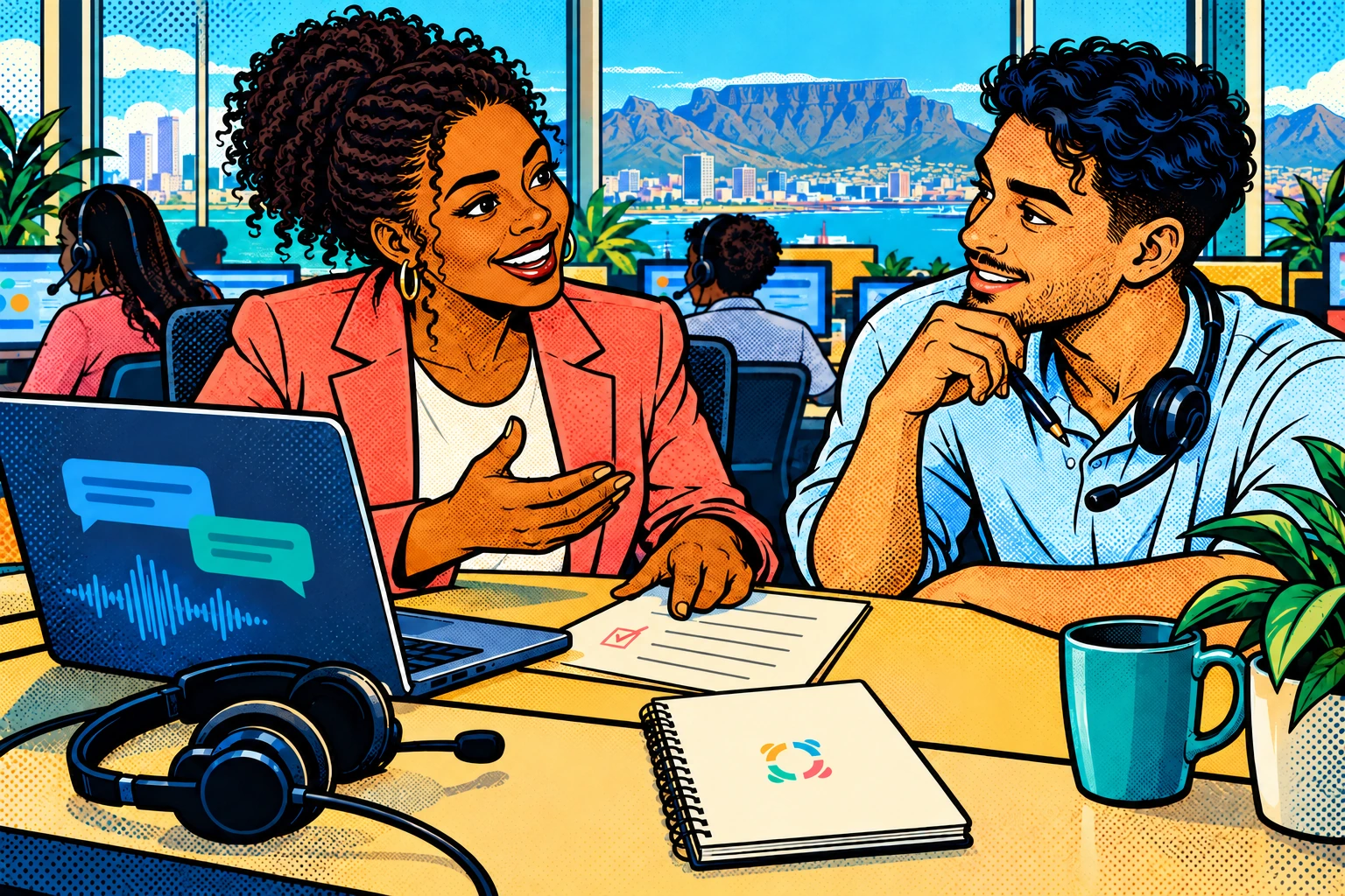 A team leader and agent discuss feedback together, with a headset and messaging screen on their desk.