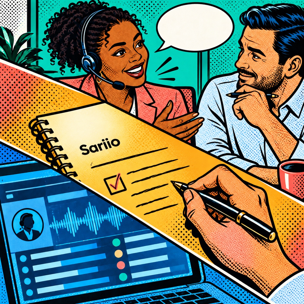 Comic-book illustration: an amber Sariio coaching notebook sits between a blue call analytics screen and two colleagues discussing the call.