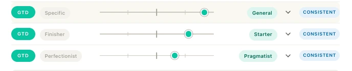 The three Getting Things Done preference pairs from a myMAP: Specific to General, Finisher to Starter, Perfectionist to Pragmatist