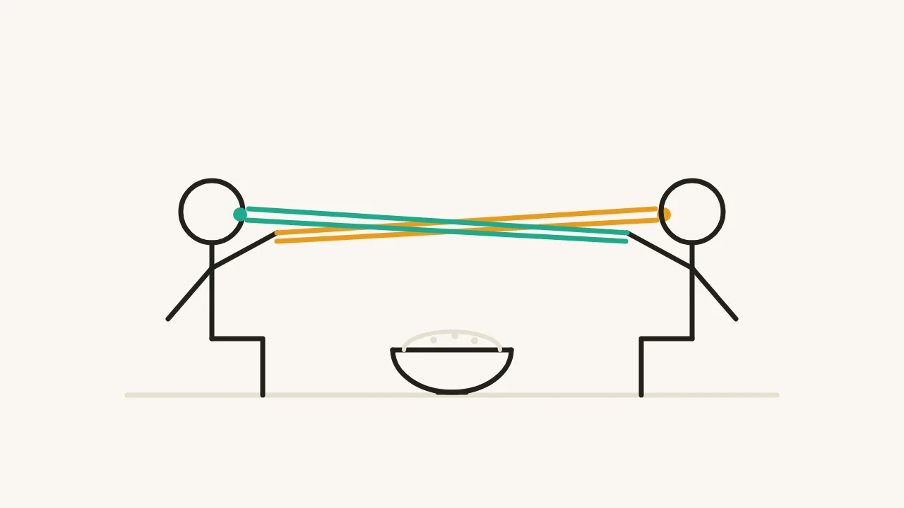 Two figures feeding each other with long chopsticks