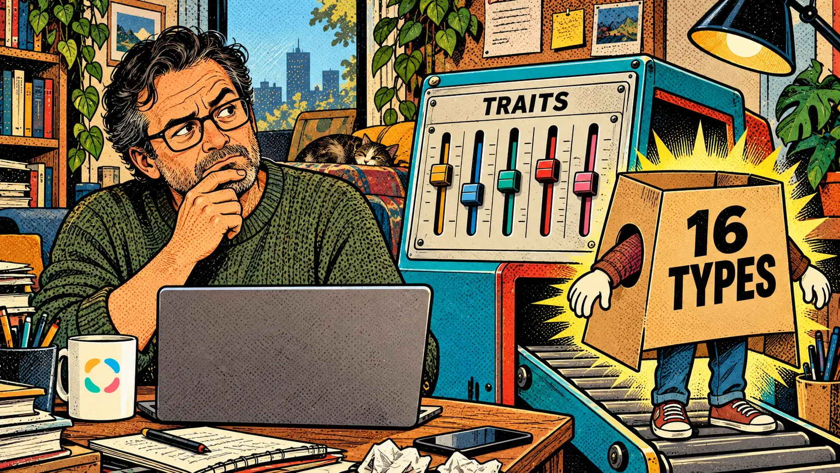16Personalities, Reviewed: The Free Test That Conquered the Internet, comic pop-art illustration.