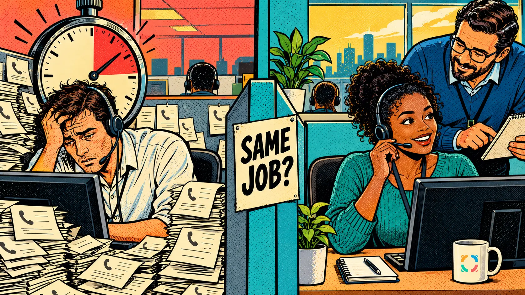 Two call-centre workstations show how workload and support change the same job.