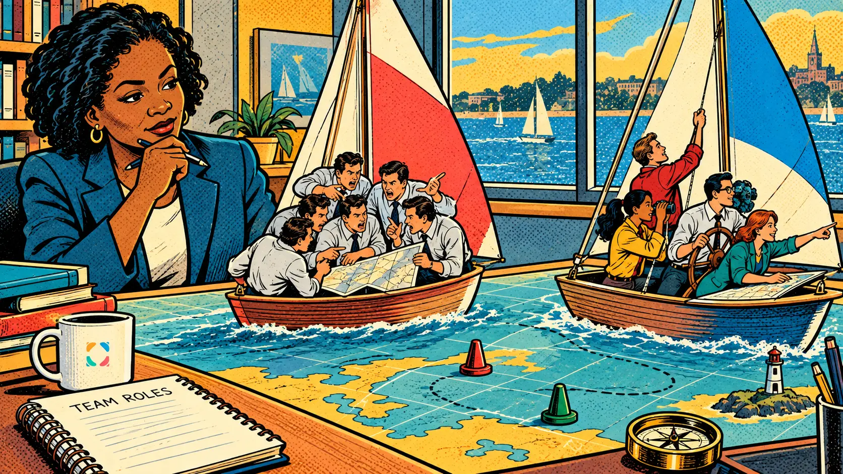 Belbin Team Roles, Reviewed: The Model That Argued Back — comic pop-art illustration.