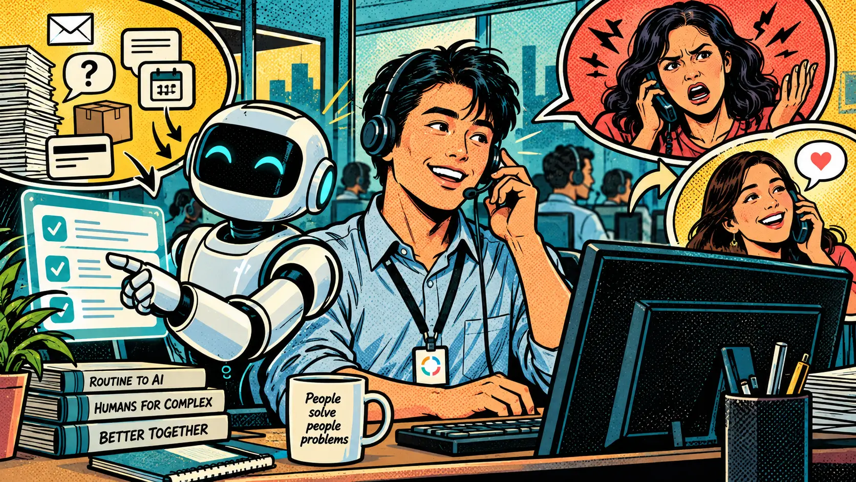 Can AI Replace a Call Centre Agent? What the Evidence Says — comic pop-art illustration.