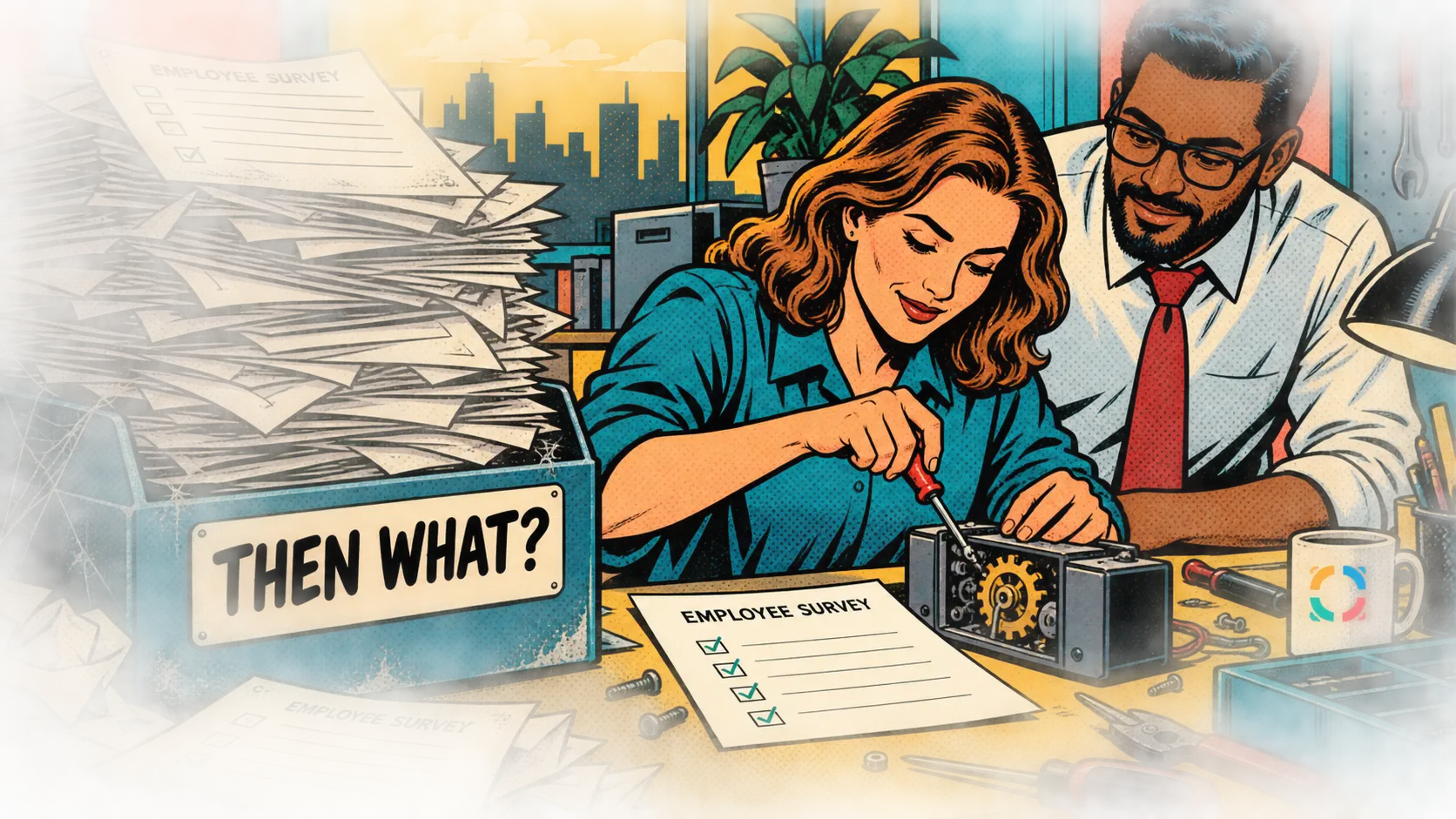 Do Employee Engagement Surveys Actually Work? Comic pop-art illustration.