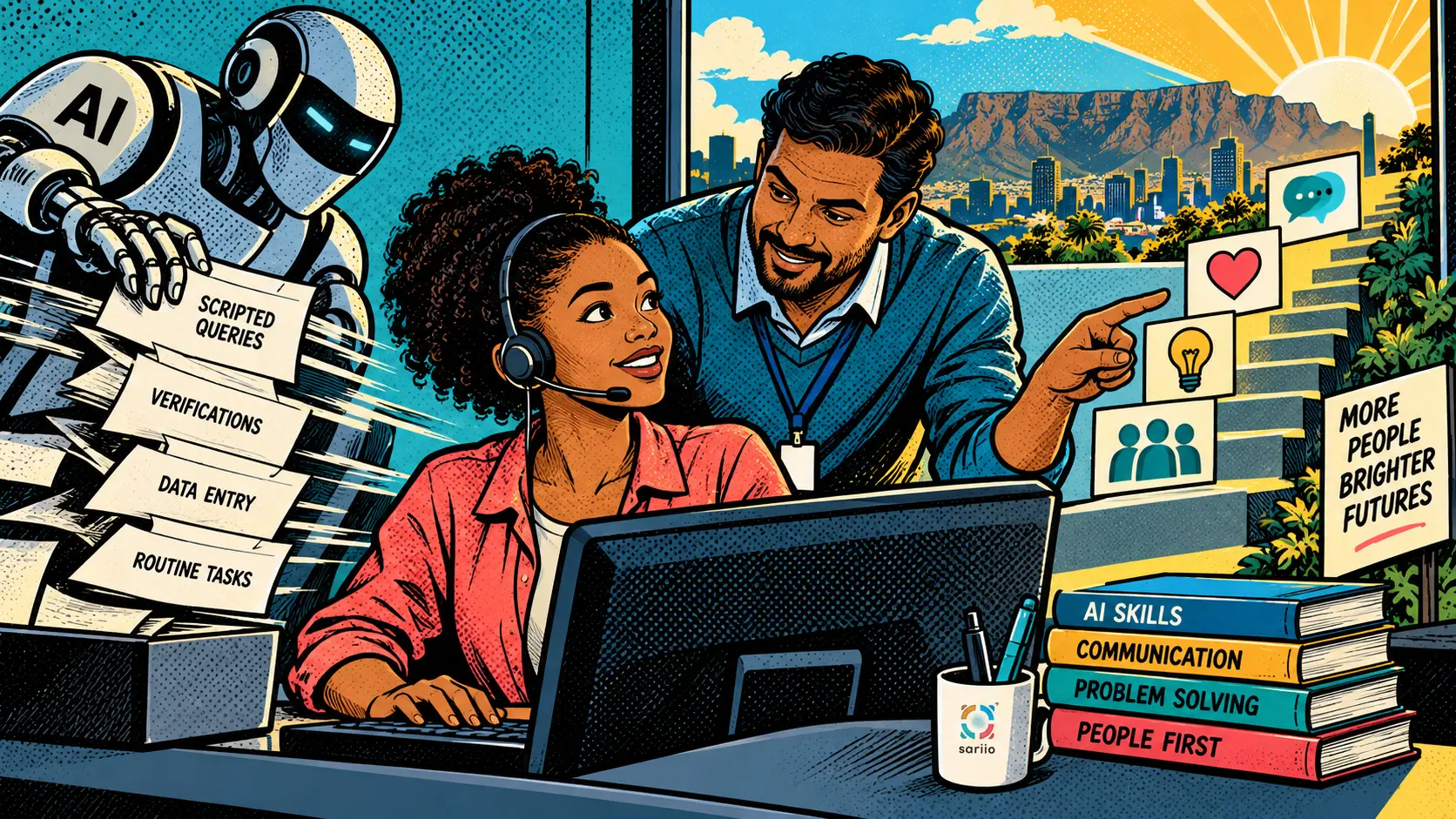 Does AI Threaten Impact Sourcing? The Question Facing South African BPO — comic pop-art illustration.