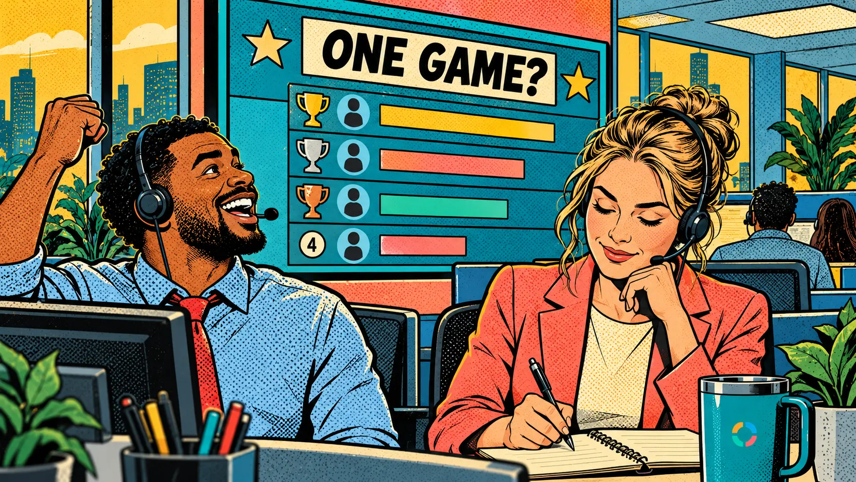 Does Gamification Work in Call Centres? Comic pop-art illustration.