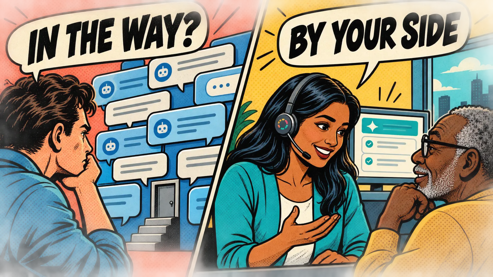 AI blocks a customer in one scene and supports a human agent in the other.