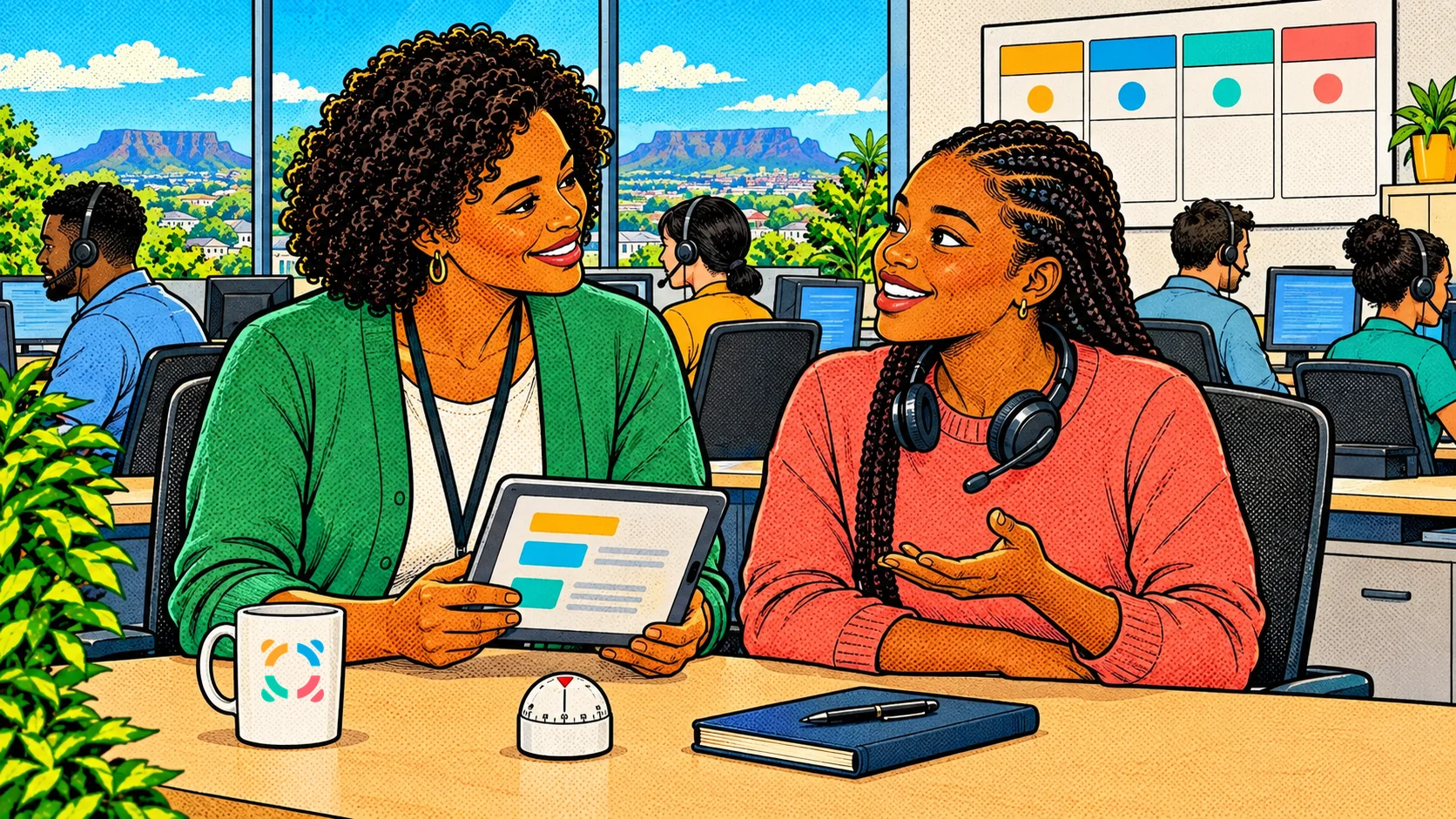 A team leader and a smiling agent with her headset around her neck share a short one-to-one at a desk, with a small timer beside them and a wall planner behind showing one coloured dot for each of four weeks.