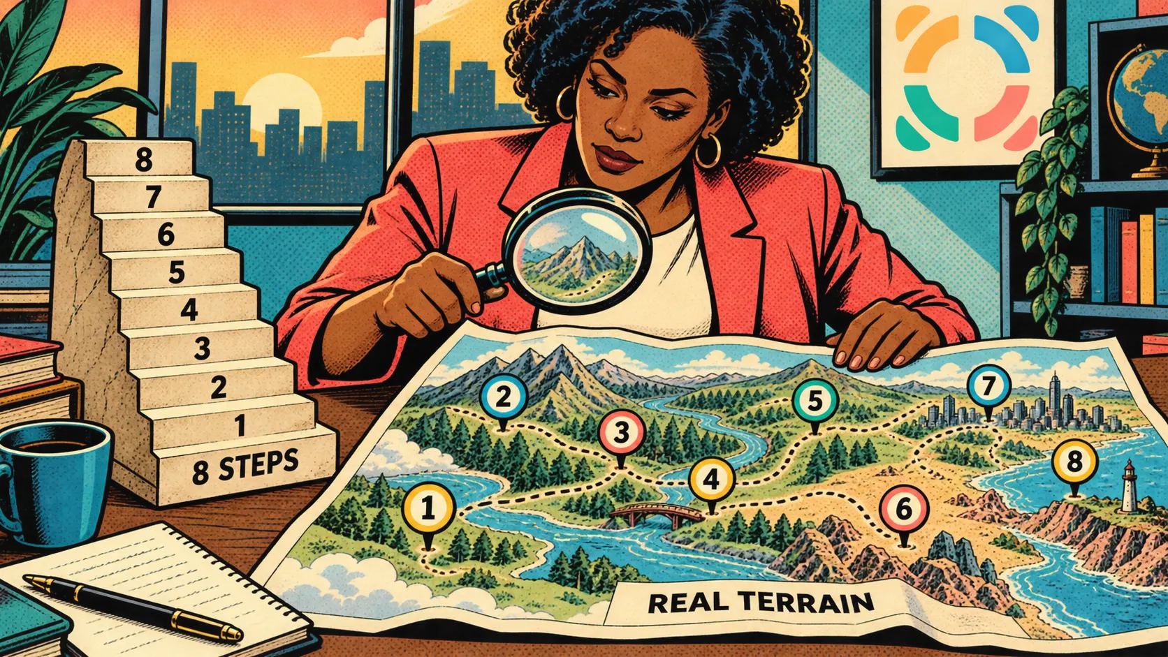 A leader examines the real terrain alongside an eight-step change model.