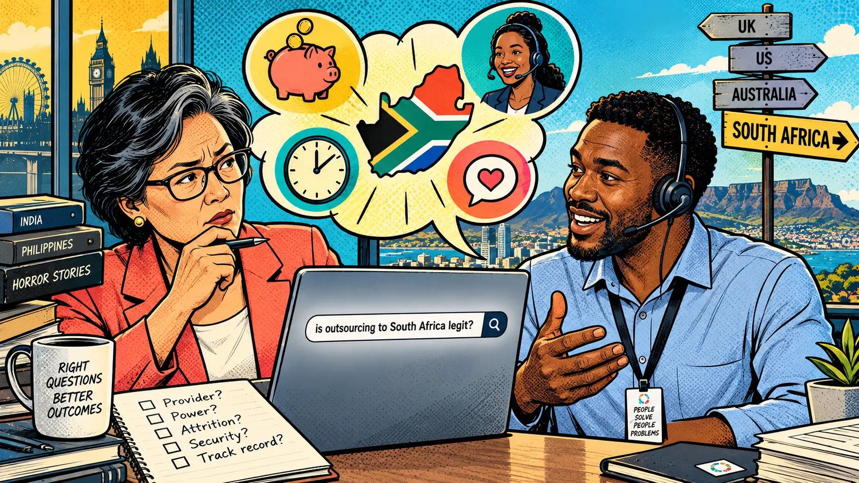 Is Outsourcing to South Africa Legit? What Buyers Actually Ask — comic pop-art illustration.