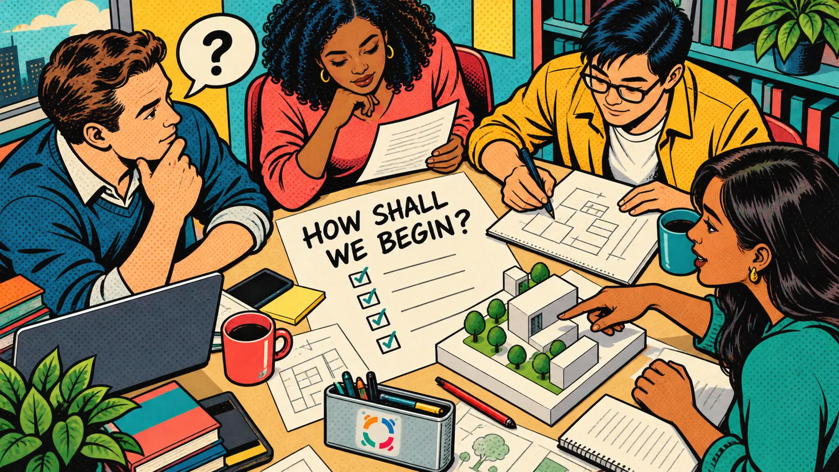 Learning to work together in student cohorts; pop-art illustration.