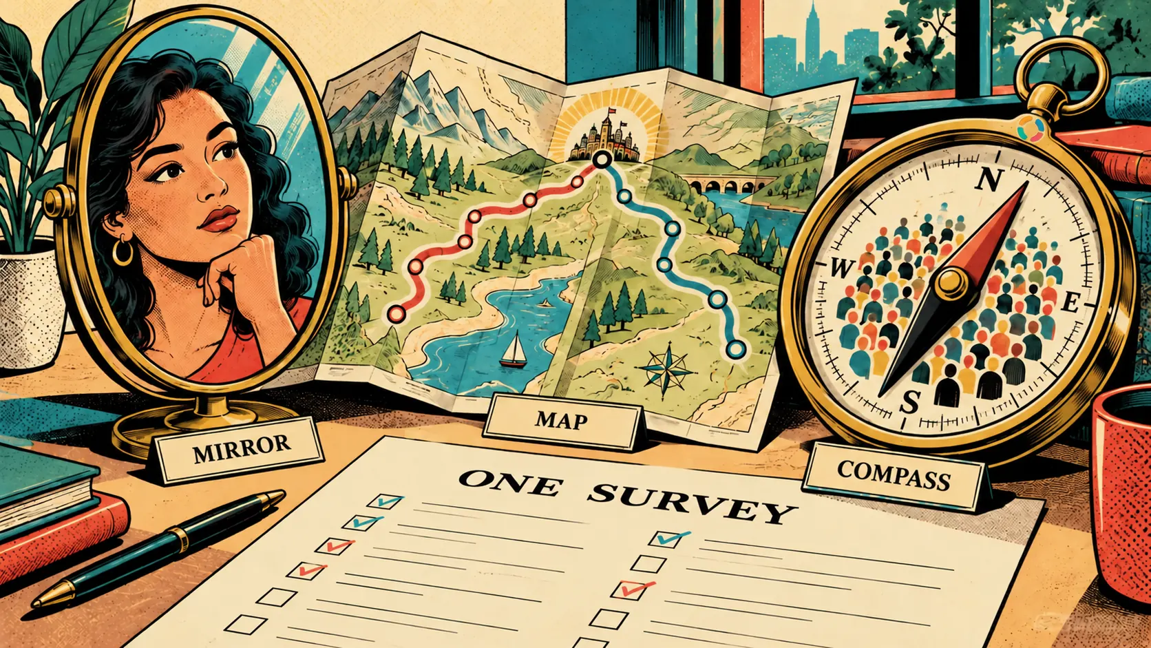 A mirror, map and compass illustrate individual, shared and organisational insight.