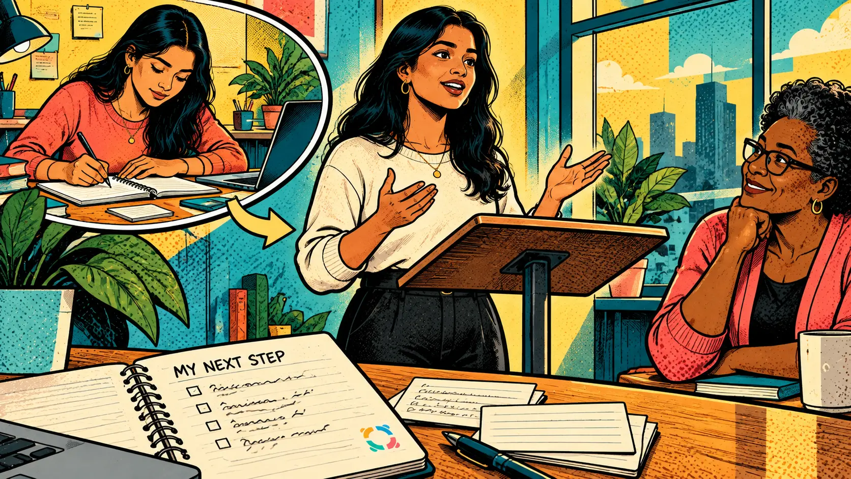 An adult learner uses written preparation to practise an oral presentation.