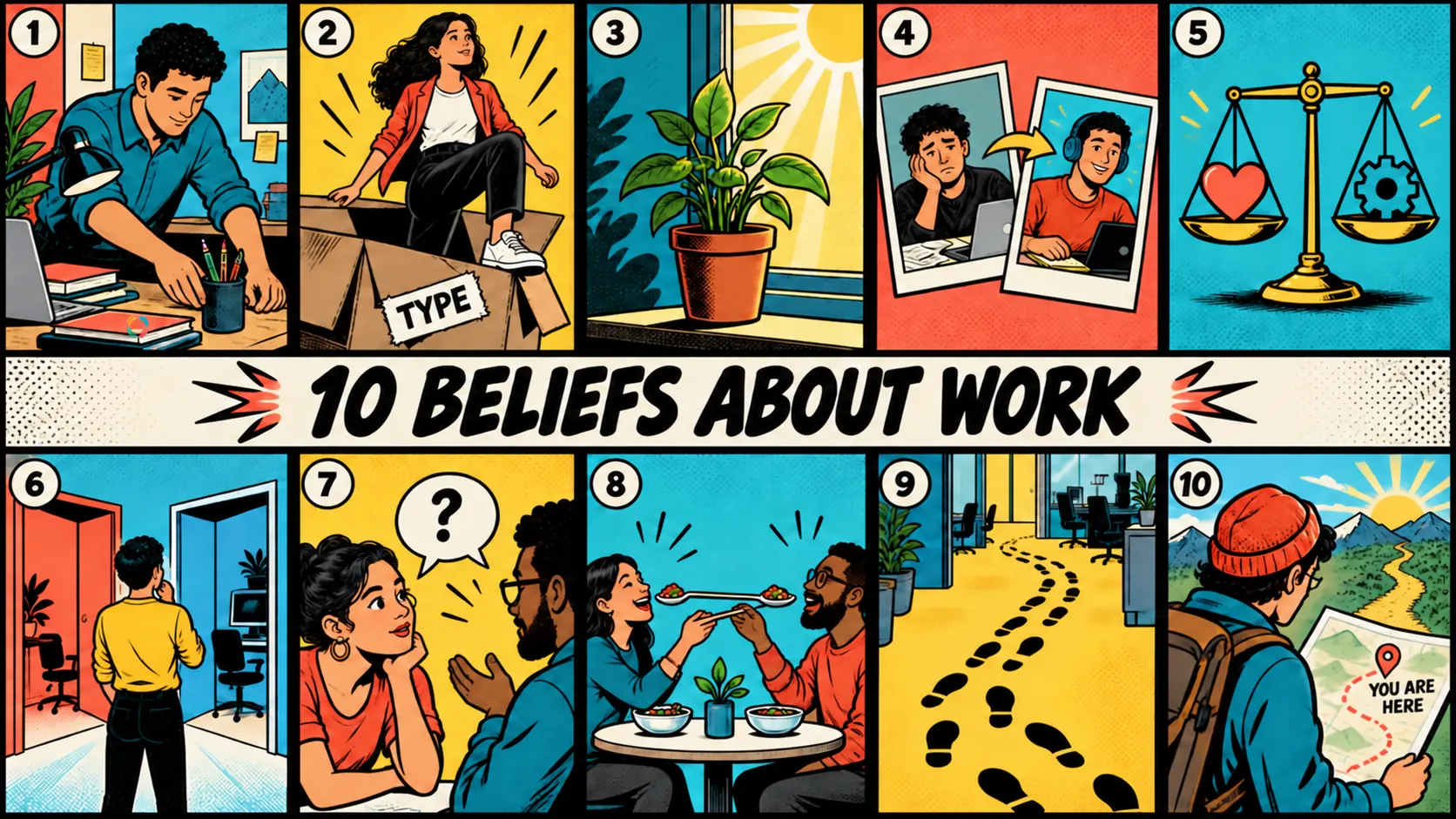 Comic panels illustrate the beliefs about ourselves and work.