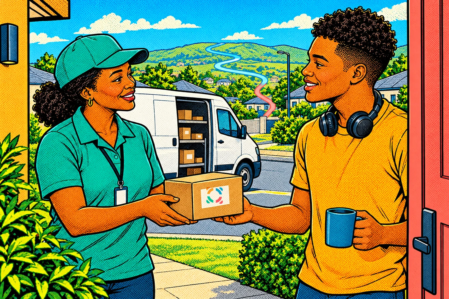 A courier hands a parcel carrying the Sariio logo to a young contact-centre agent at his front door, with an unbranded delivery van behind her and the final short leg of a long route highlighted in coral.