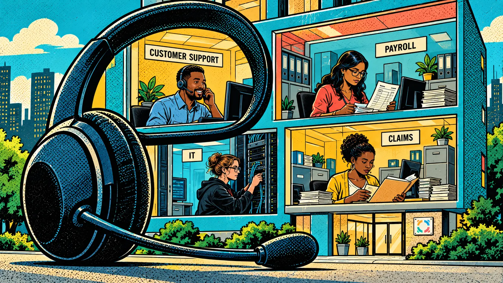 A cutaway office shows customer support, payroll, IT and claims beyond the call centre.