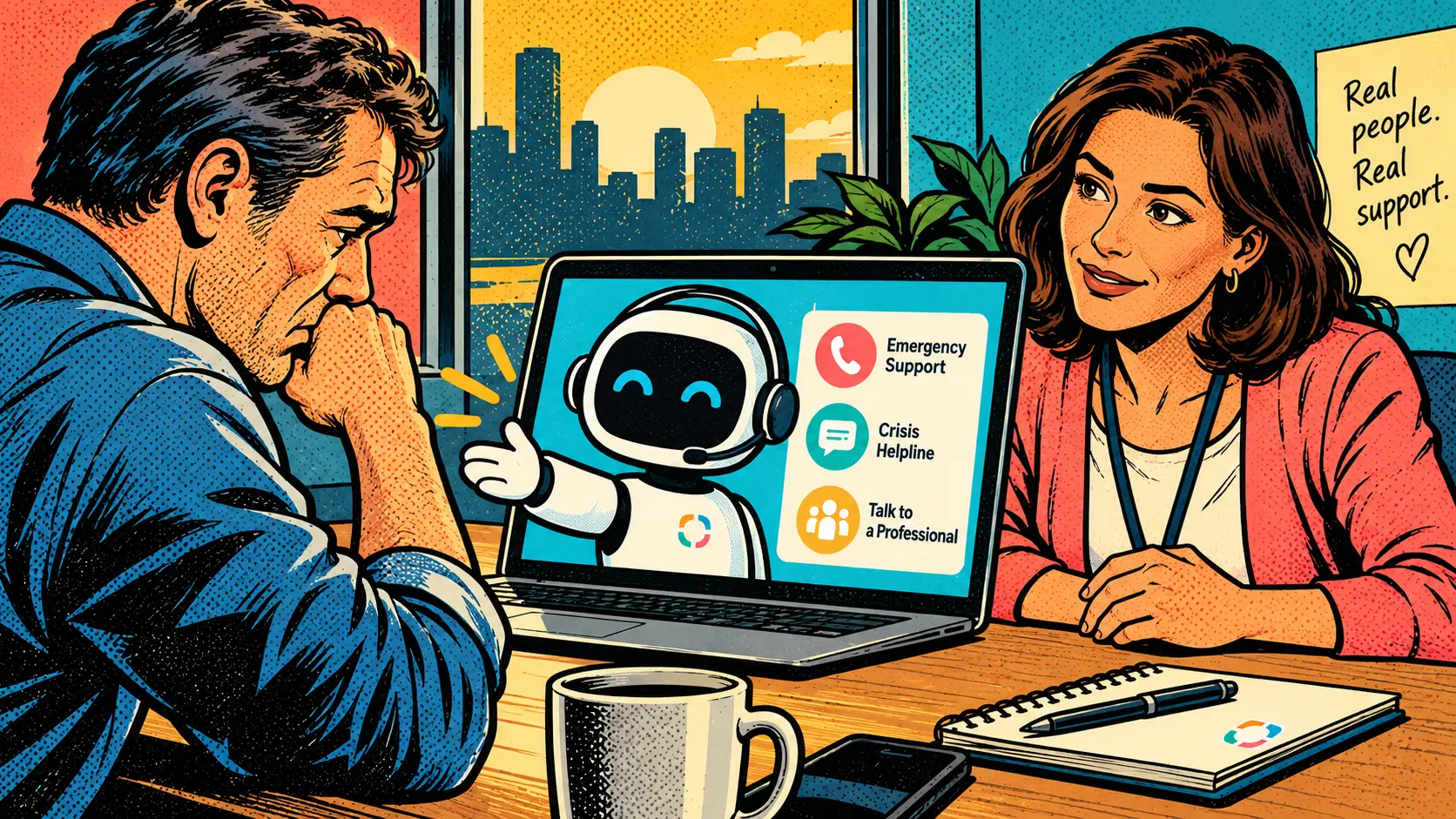 What Happens When Someone Needs Help: How an AI Coaching Platform Handles Real Distress — comic pop-art illustration.