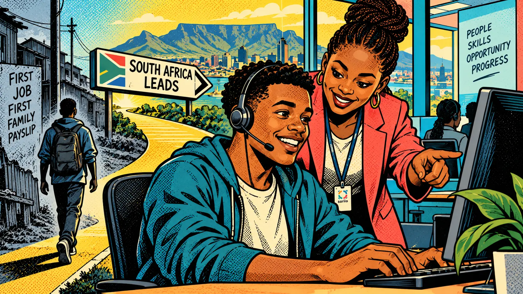 What Is Impact Sourcing, and Why Does South Africa Lead? — comic pop-art illustration.