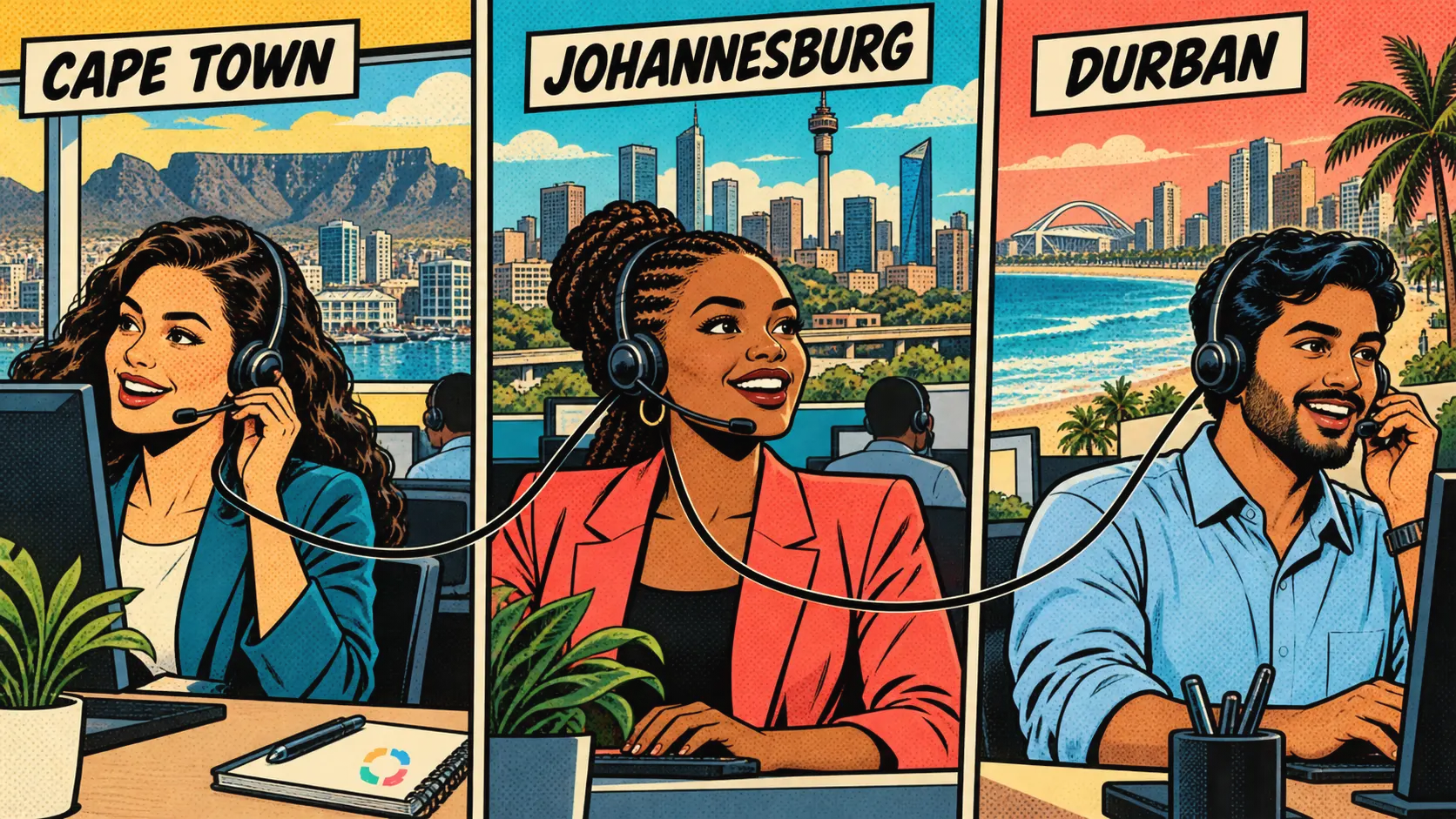 Where Are South Africa's BPO Hubs? Cape Town, Joburg and Durban Compared — comic pop-art illustration.