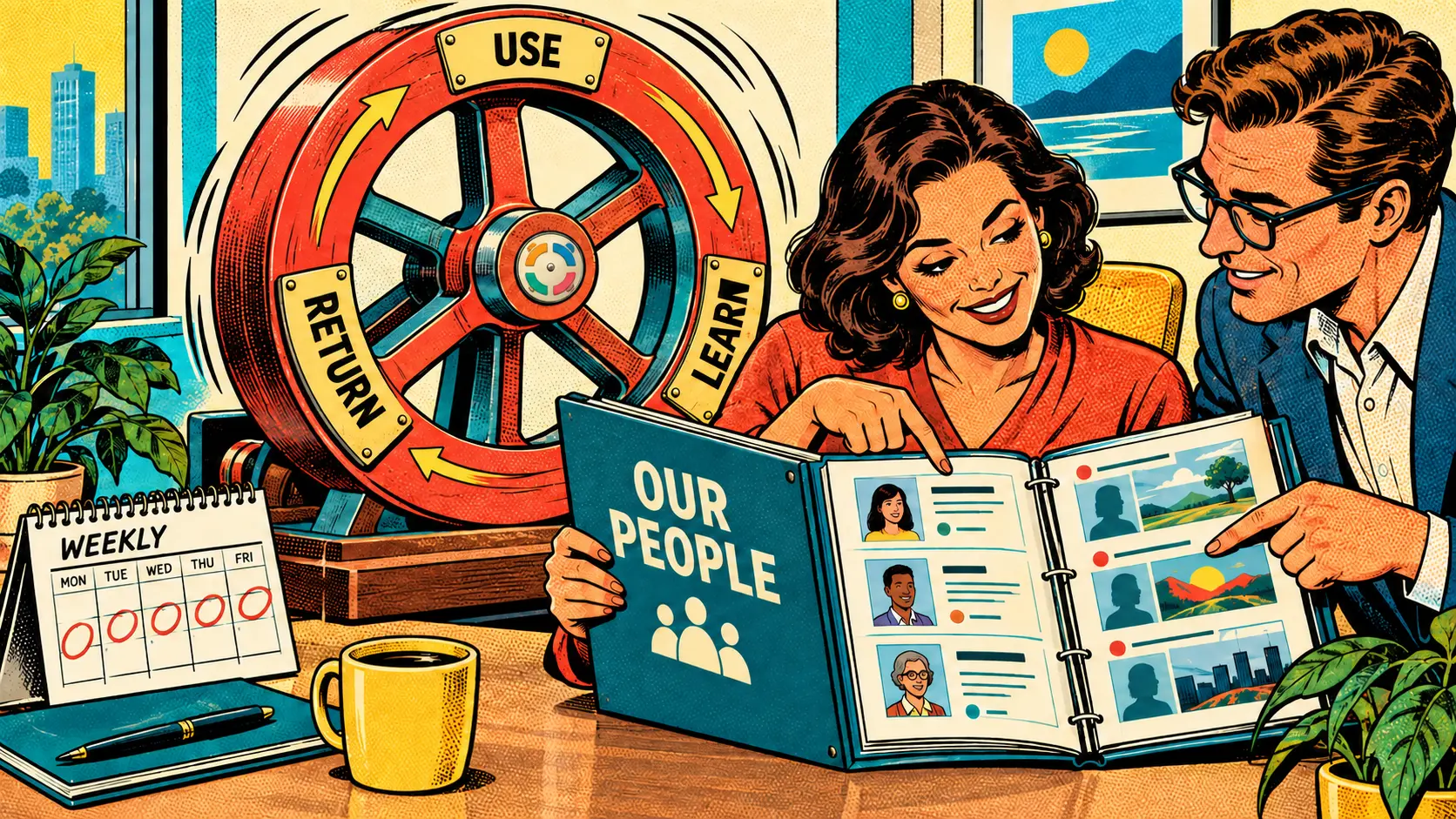 Why clients stay the data flywheel; pop-art illustration.