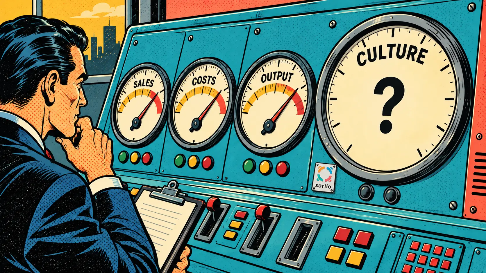 A leader checks business gauges while the culture gauge remains unknown.