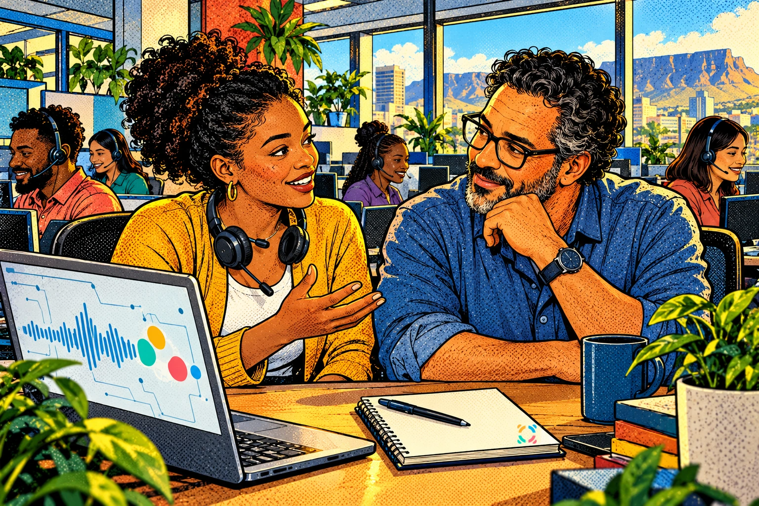 A contact-centre agent and team leader share a coaching conversation, with AI-assisted preparation on a nearby laptop and the Sariio logo tucked onto a notebook.