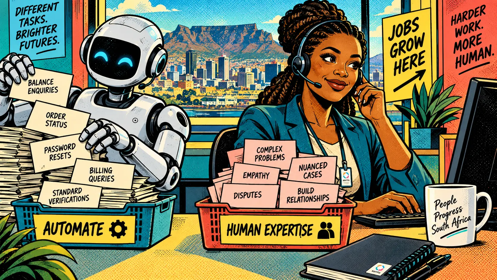 Will AI Take Call Centre Jobs in South Africa? — comic pop-art illustration.