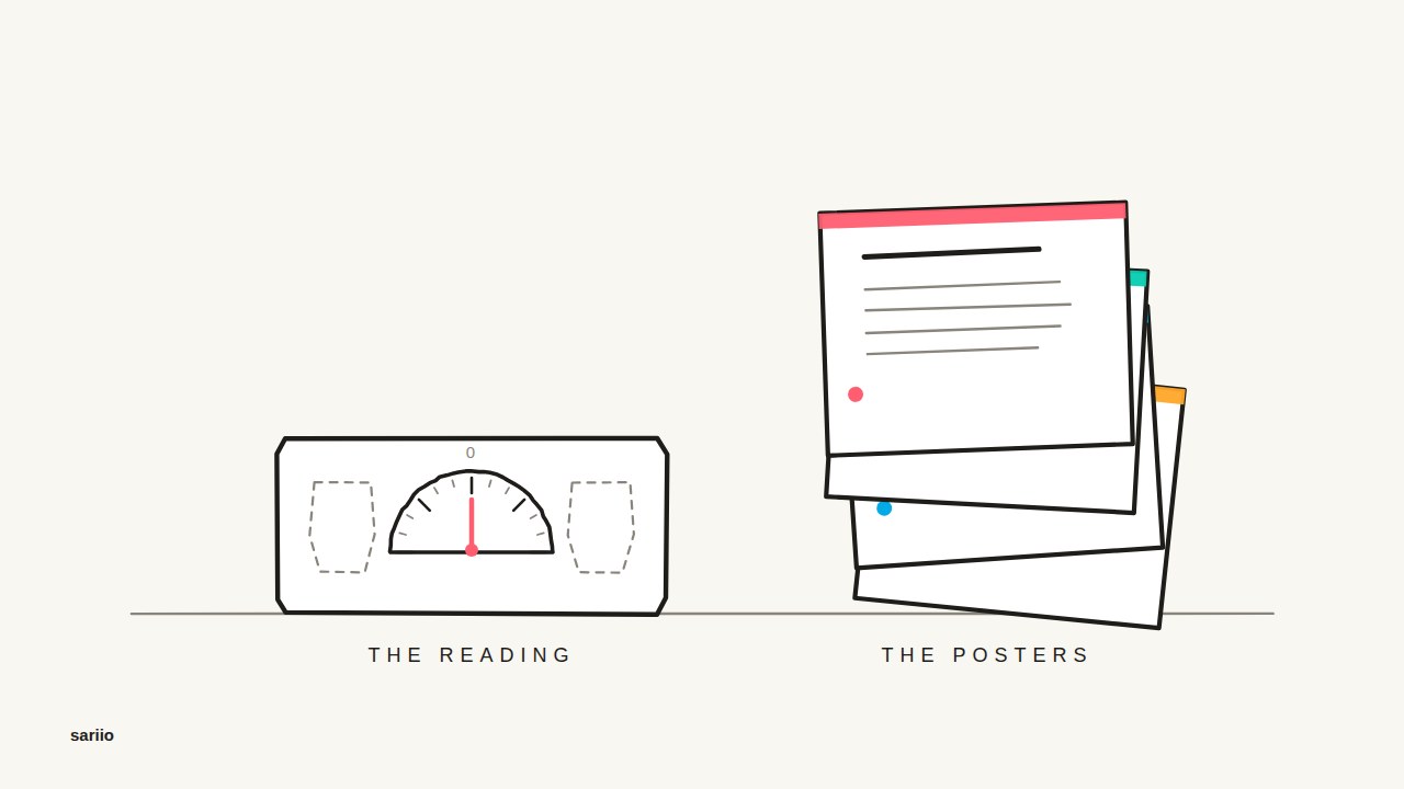 Pencil illustration of an empty scale beside a stack of values posters