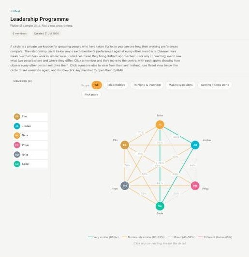 A Sariio Circle mapping the relationships between six members of a leadership programme