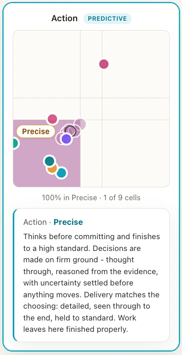 The Action dimension field in the app - nine cells with the Precise attribute highlighted and people placed as dots