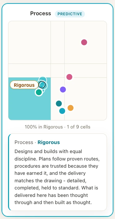The Process dimension field in the app - nine cells with the Rigorous attribute highlighted and people placed as dots