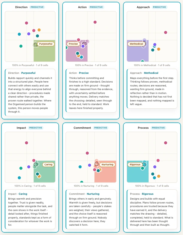 successMAP - six dimensions with the predictive cells named, built from top performers