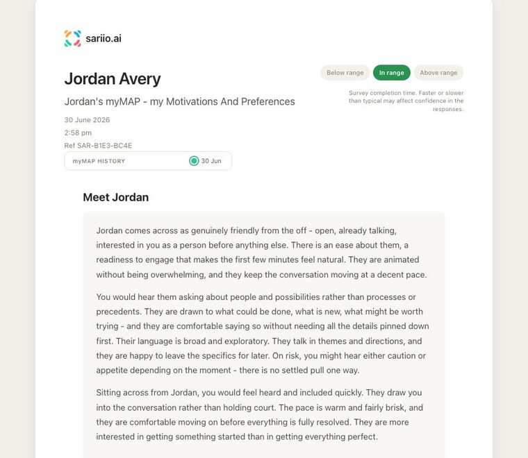 Sample myMAP report for Jordan Avery, a fictional person, showing a plain-English description of how they work
