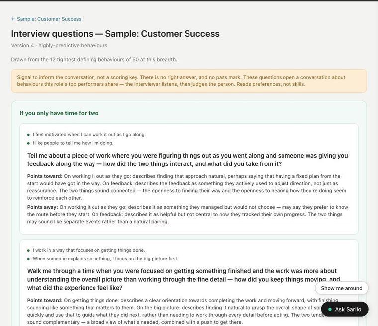 Sample interview questions generated from a fictional Customer Success talentMAP, each paired with notes on what points toward the benchmark and what points away