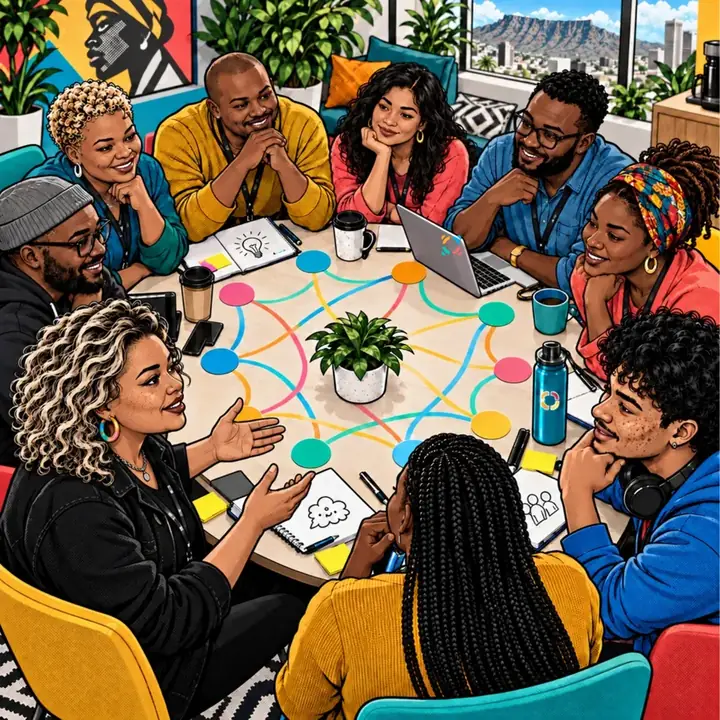 A team gathered around a table, connecting their ideas on a shared map.