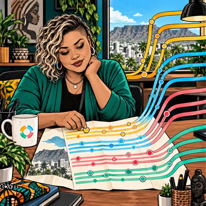 Alex at her desk in Cape Town, tracing coloured lines across a map of her own work preferences.