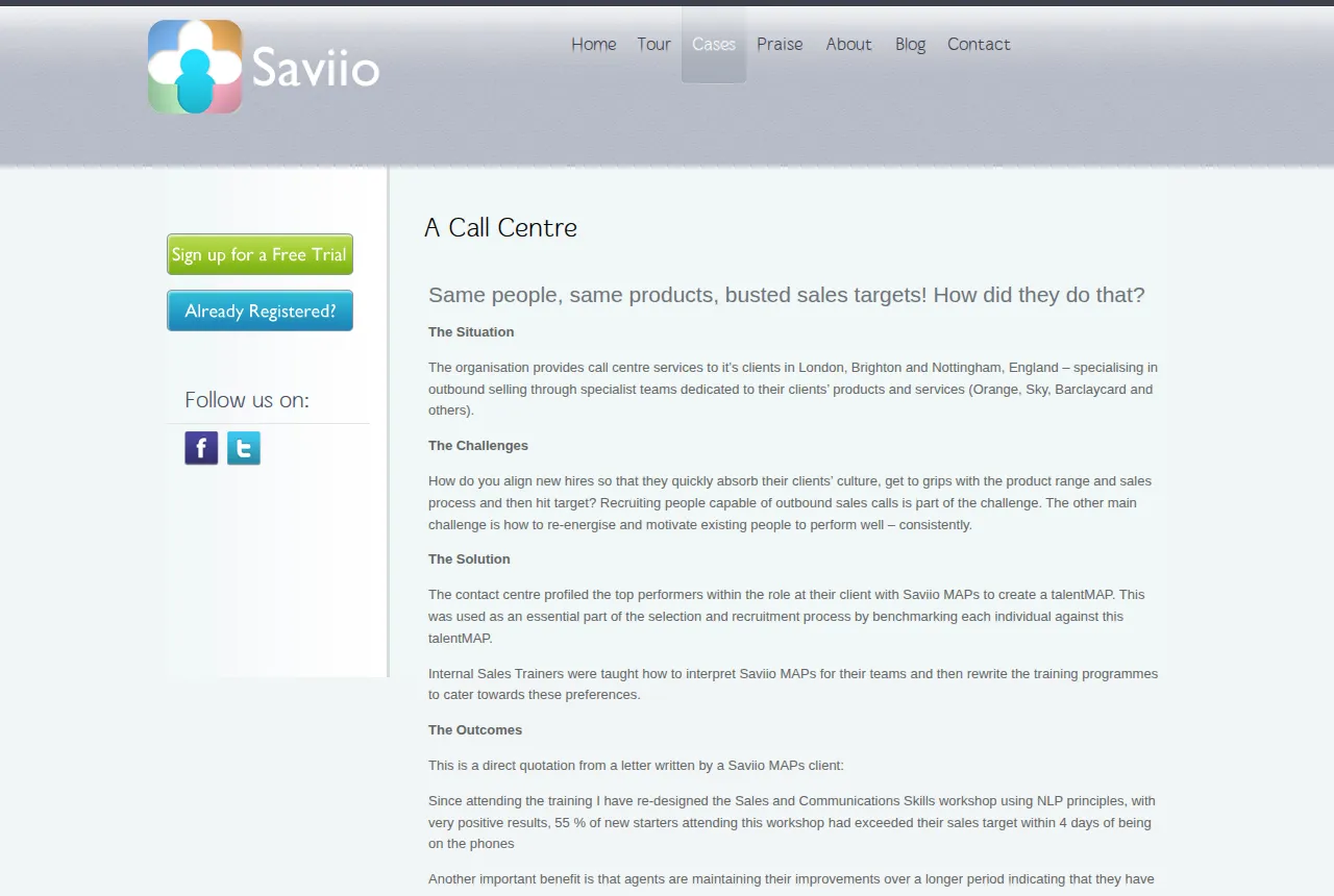 Screenshot of the original saviio.com case study page, with the Saviio logo and navigation.