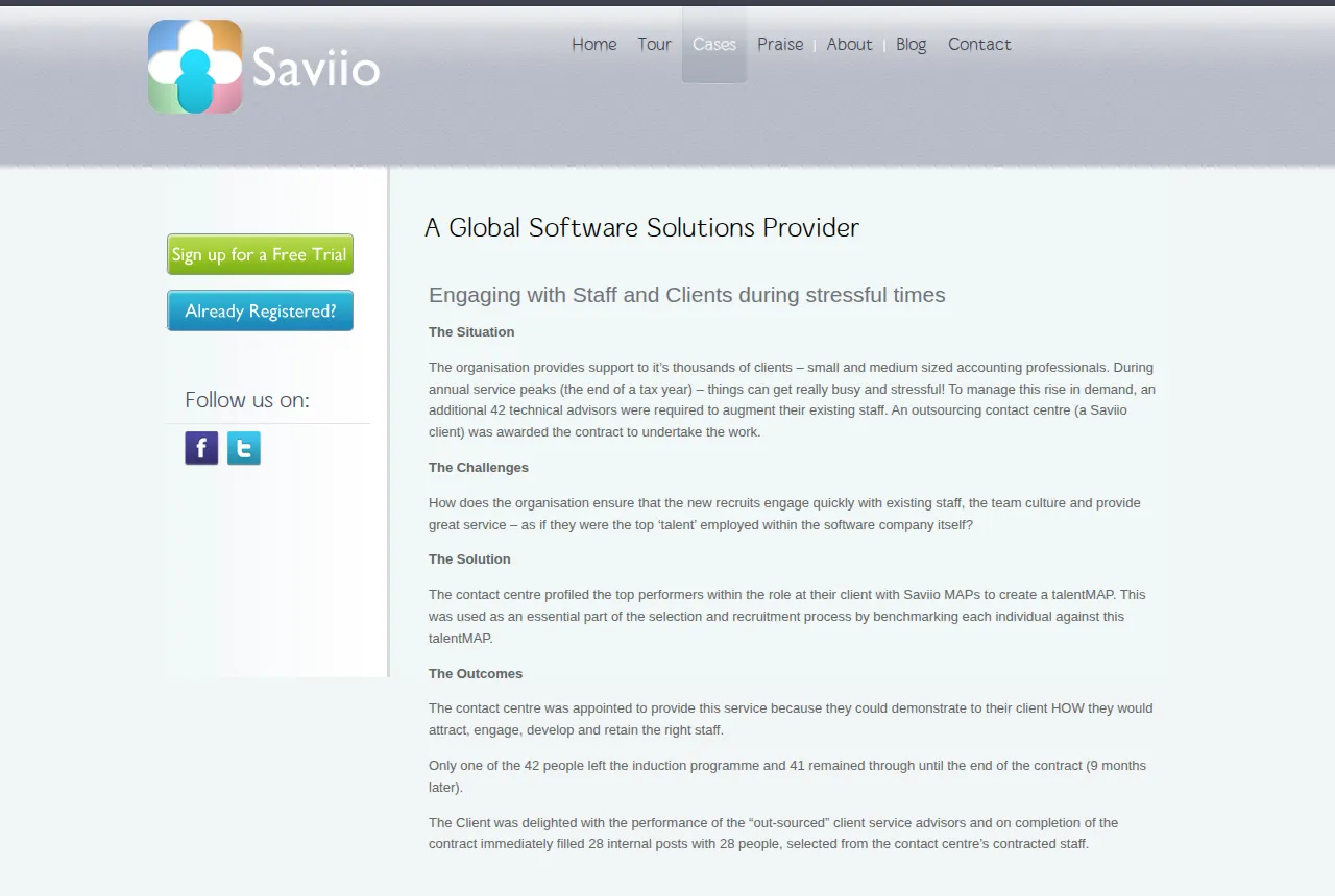 Screenshot of the original saviio.com case study page, with the Saviio logo and navigation.