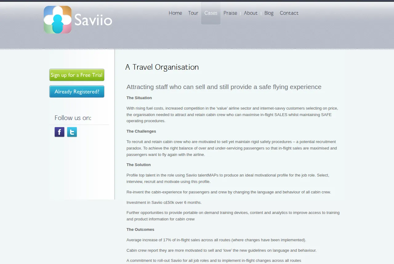 Screenshot of the original saviio.com case study page, with the Saviio logo and navigation.