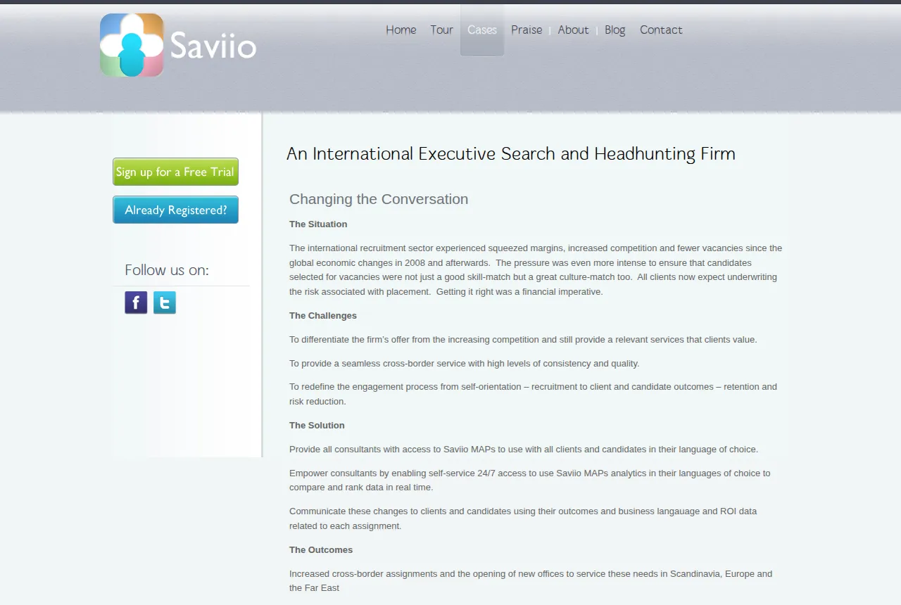 Screenshot of the original saviio.com case study page, with the Saviio logo and navigation.