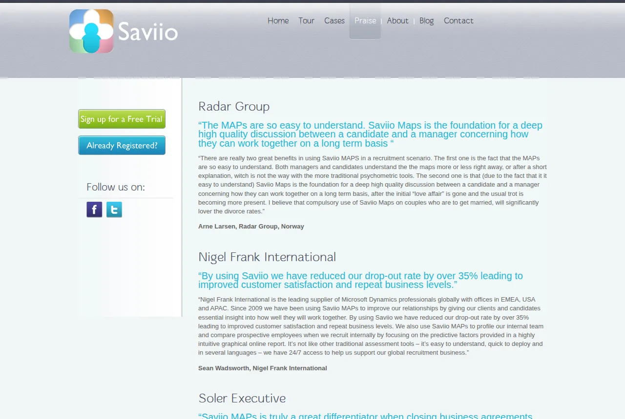 Screenshot of the original saviio.com client praise page, with the Saviio logo and navigation.