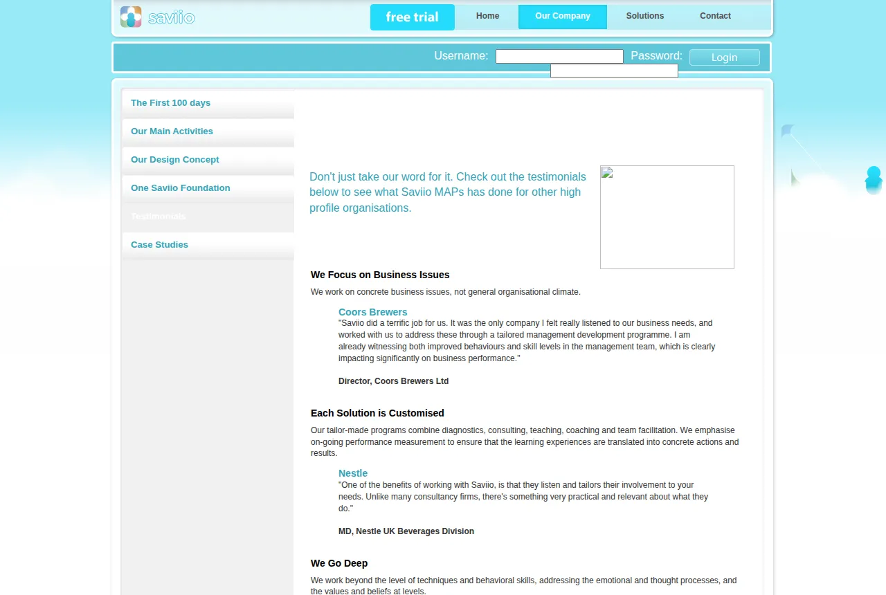 Screenshot of the original saviio.com client testimonials page, with the Saviio logo and navigation.