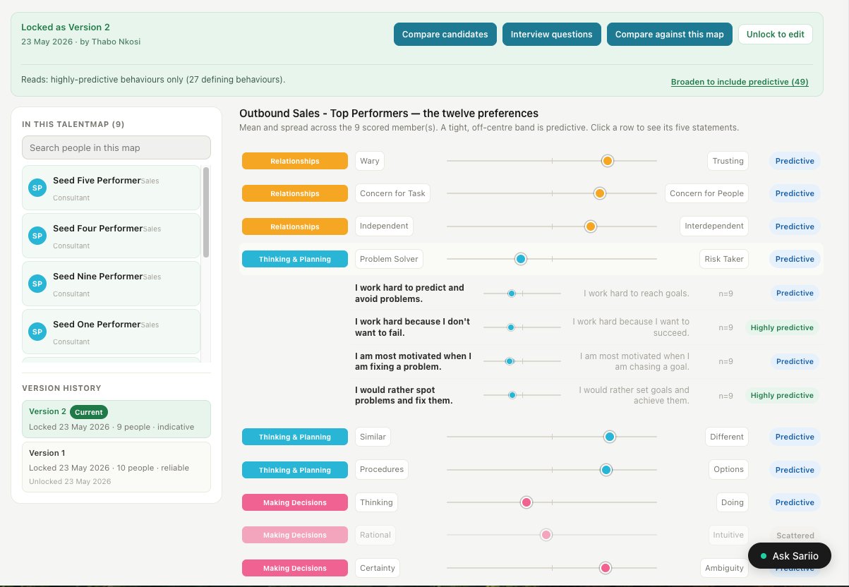 talentMAP detail showing twelve preference pairs with Predictive, Highly Predictive, and Scattered labels across nine scored members