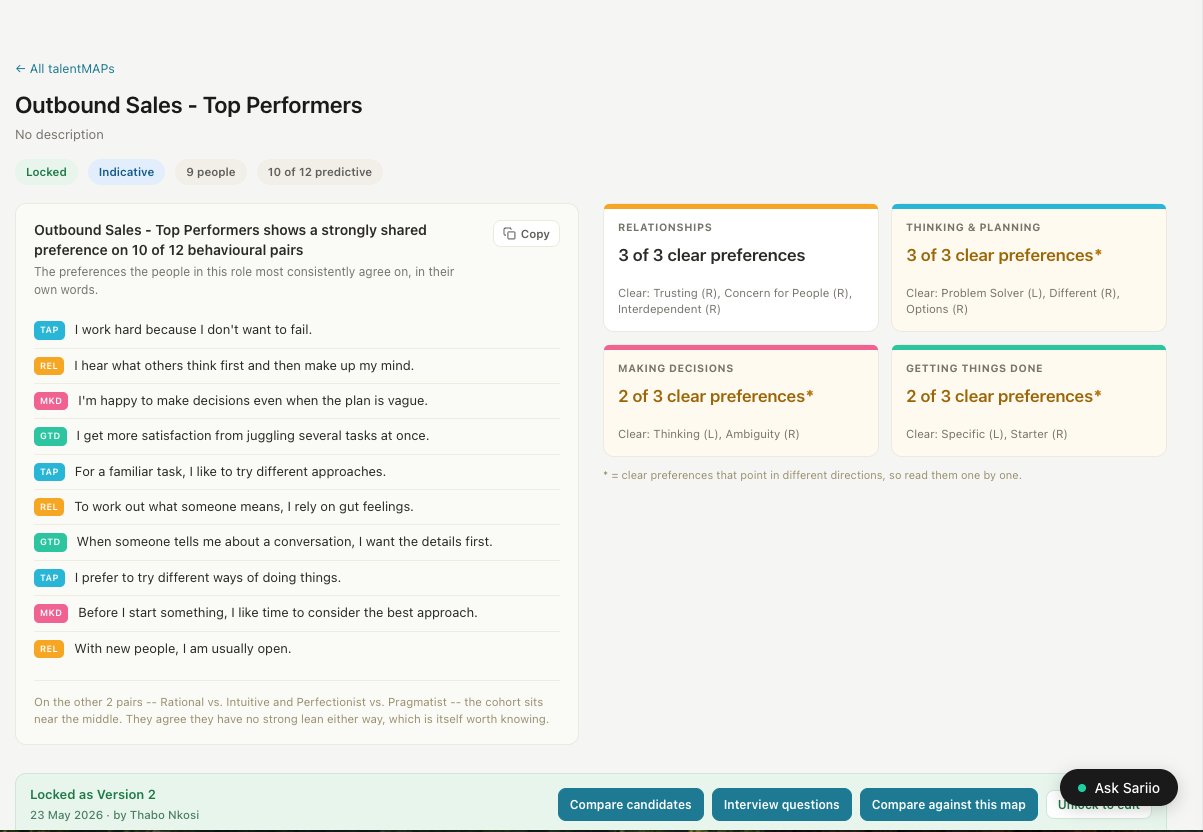 A talentMAP showing shared preferences and four-factor summary for Outbound Sales Top Performers, with 10 of 12 predictive preference pairs